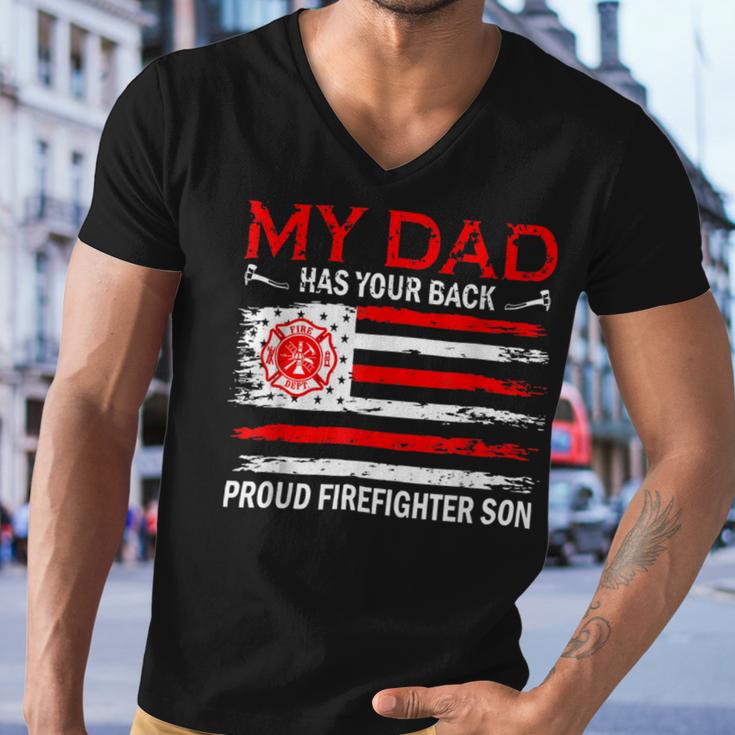 Firefighter Retro My Dad Has Your Back Proud Firefighter Son Us Flag V2 Men V-Neck Tshirt