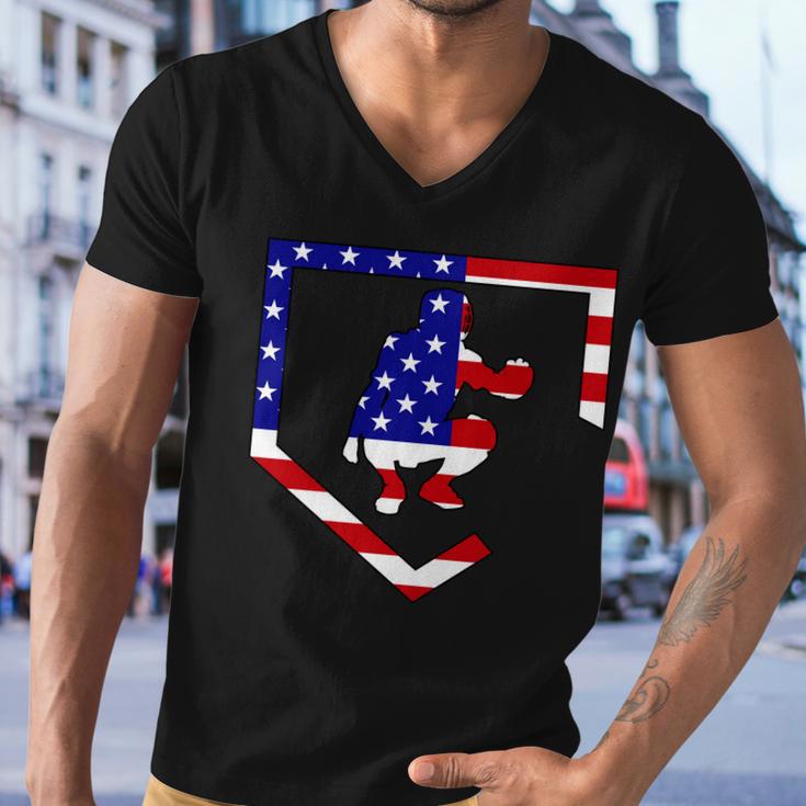 American Baseball Catcher Flag Tshirt Men V-Neck Tshirt