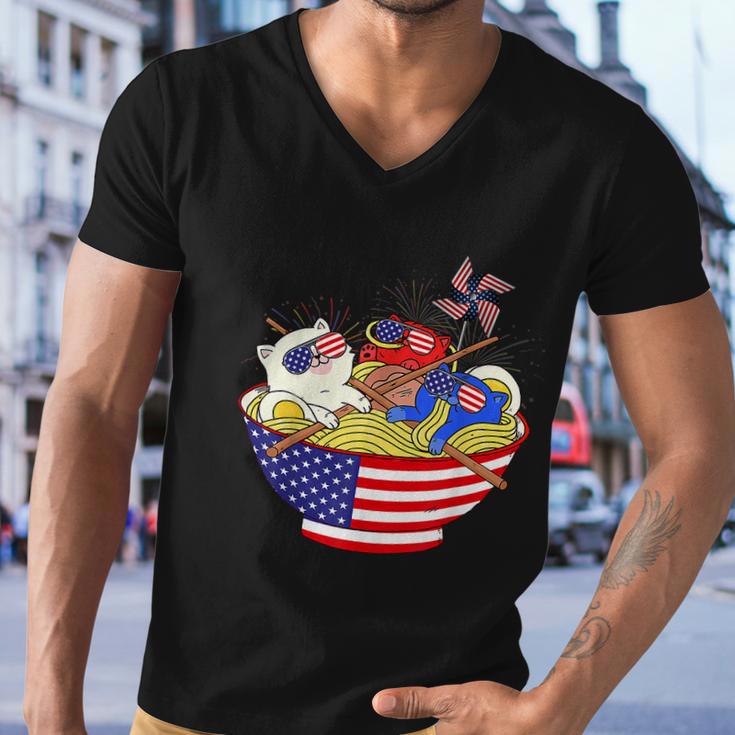 Cats Ramen Anime American Flag Funny 4Th Of July Cat Lovers Men V-Neck Tshirt