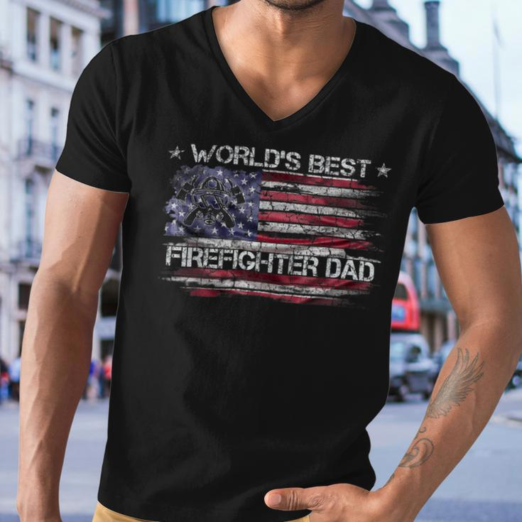 Firefighter Vintage Usa American Flag Worlds Best Firefighter Dad Funny Men V-Neck Tshirt