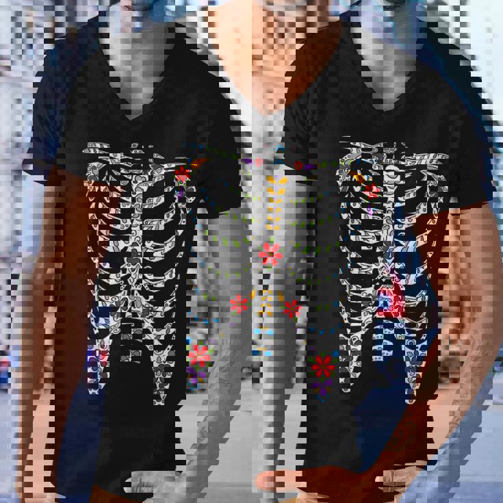 Halloween Day Of Dead Skeleton Flowers Decorated Men V-Neck Tshirt