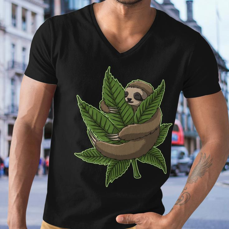 Lazy Sloth Cannabis Leaf Men V-Neck Tshirt