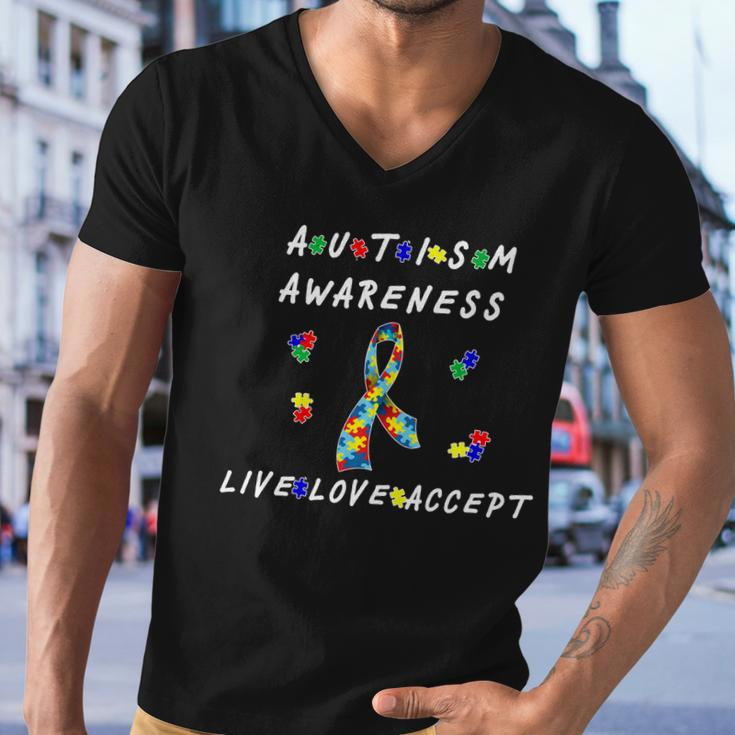 Live Love Accept Autism Puzzle Piece Ribbon Men V-Neck Tshirt