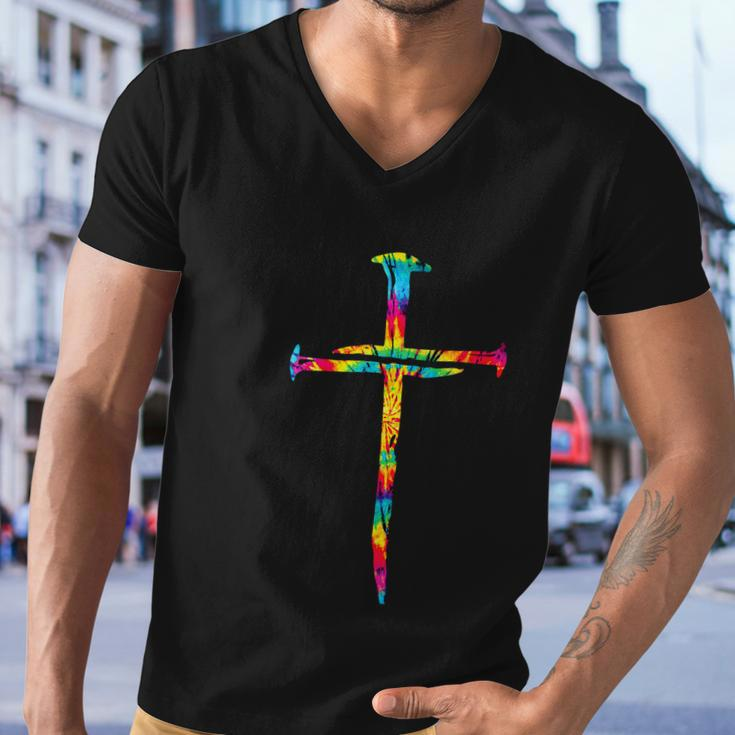 Rainbow Funny Christian Jesus Nail Cross Tie Dye Bible Men V-Neck Tshirt
