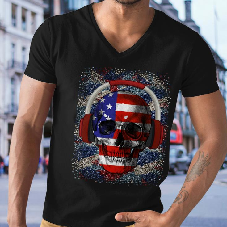 Skull Headphone Usa Flag 4Th Of July Men V-Neck Tshirt