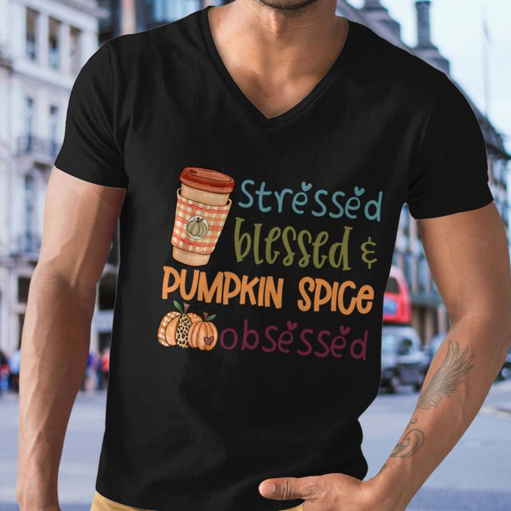 Stressed Blessed Pumpkin Spice Obsessed Thanksgiving Quote Men V-Neck Tshirt