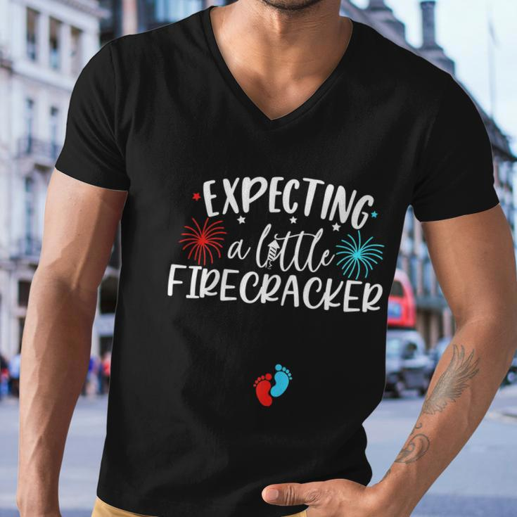 Womens Expecting A Little Firecracker Funny 4Th Of July Pregnant Men V-Neck Tshirt