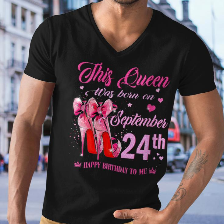 Womens This Queen Was Born On September 24Th High Heel Birthday Men V-Neck Tshirt
