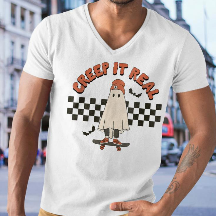 Funny Halloween Creep It Real Retro Skateboarding Ghost Kids Men V-Neck Tshirt