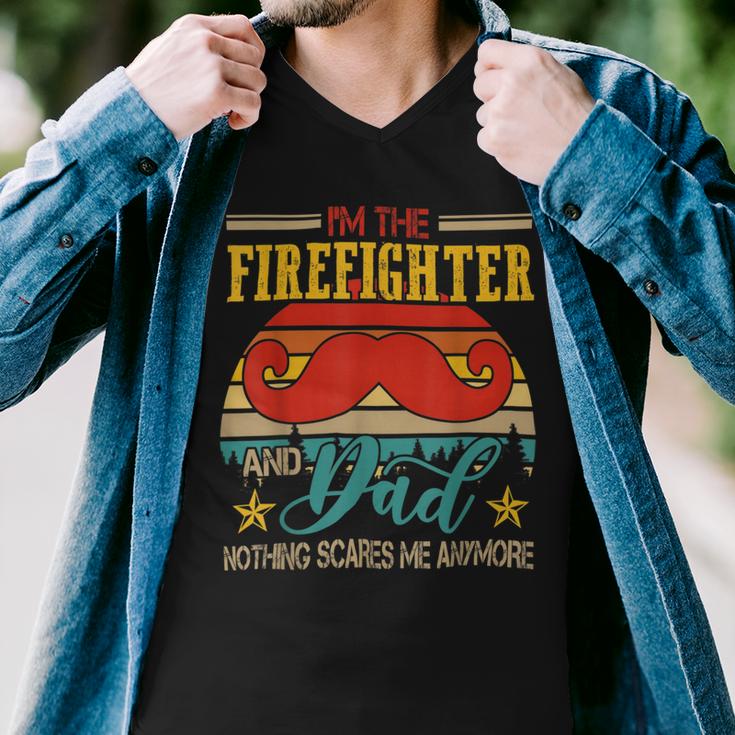 Firefighter Vintage Retro Im The Firefighter And Dad Funny Dad Mustache Men V-Neck Tshirt