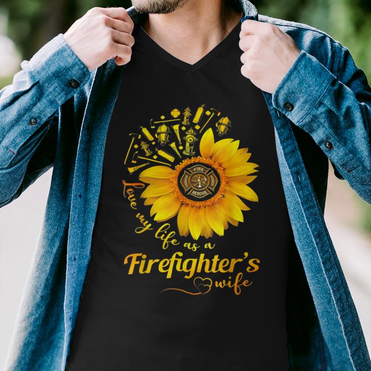 Firefighter Sunflower Love My Life As A Firefighters Wife Men V-Neck Tshirt