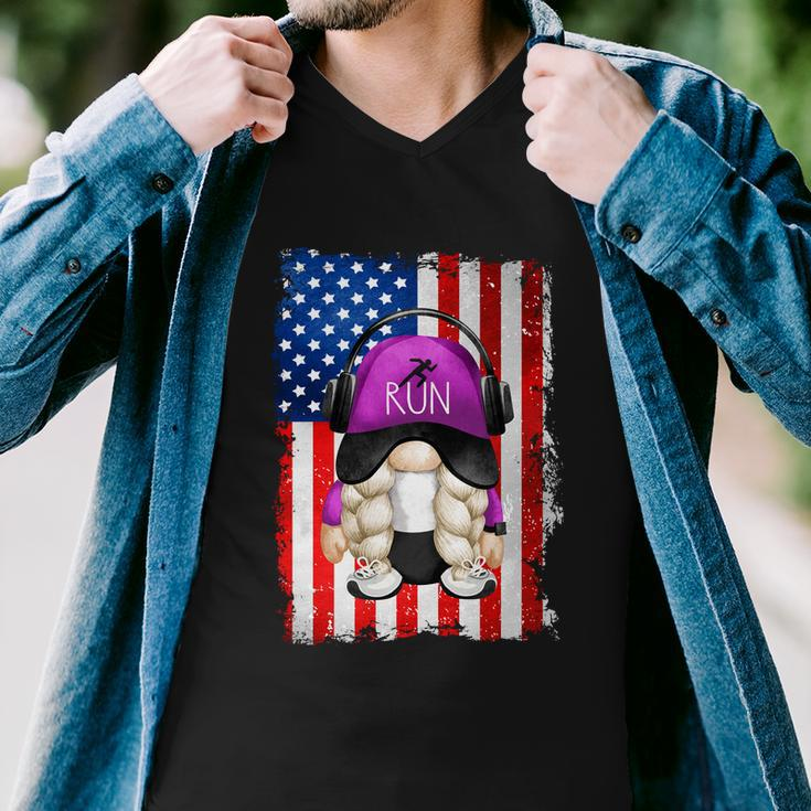 4Th Of July Running Gnome For Women Patriotic American Flag Gift Men V-Neck Tshirt