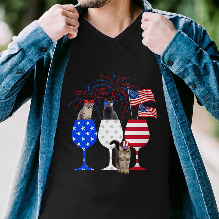 Cat 4Th Of July Costume Red White Blue Wine Glasses Funny Men V-Neck Tshirt