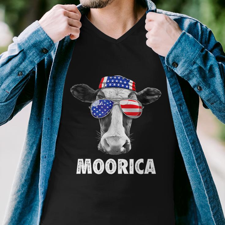 Cow 4Th Of July Moorica Merica Men American Flag Sunglasses Men V-Neck Tshirt