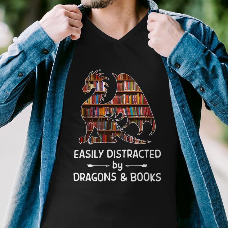Easily Distracted By Dragon And Books Nerds Meaningful Gift Men V-Neck Tshirt