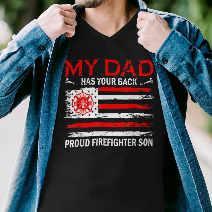 Firefighter Retro My Dad Has Your Back Proud Firefighter Son Us Flag V2 Men V-Neck Tshirt