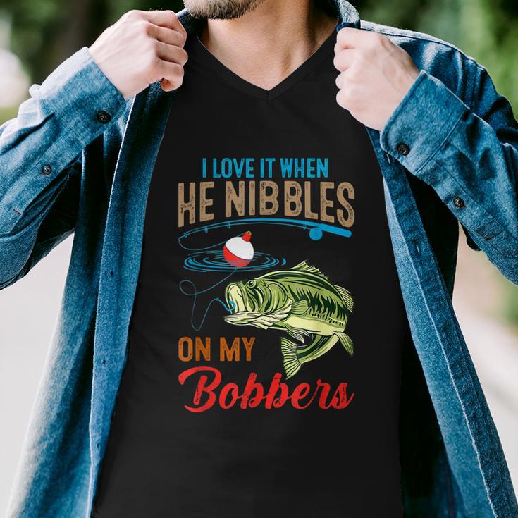 I Love It When He Nibbles On My Bobbers Funny Bass Fishing Men V-Neck Tshirt