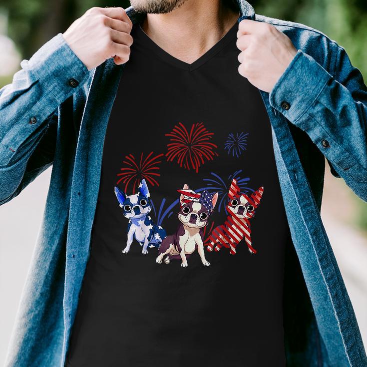 Red White Blue Boston Terrier Usa Flag 4Th Of July Men V-Neck Tshirt