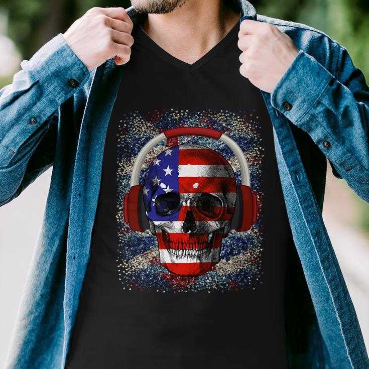 Skull Headphone Usa Flag 4Th Of July Men V-Neck Tshirt