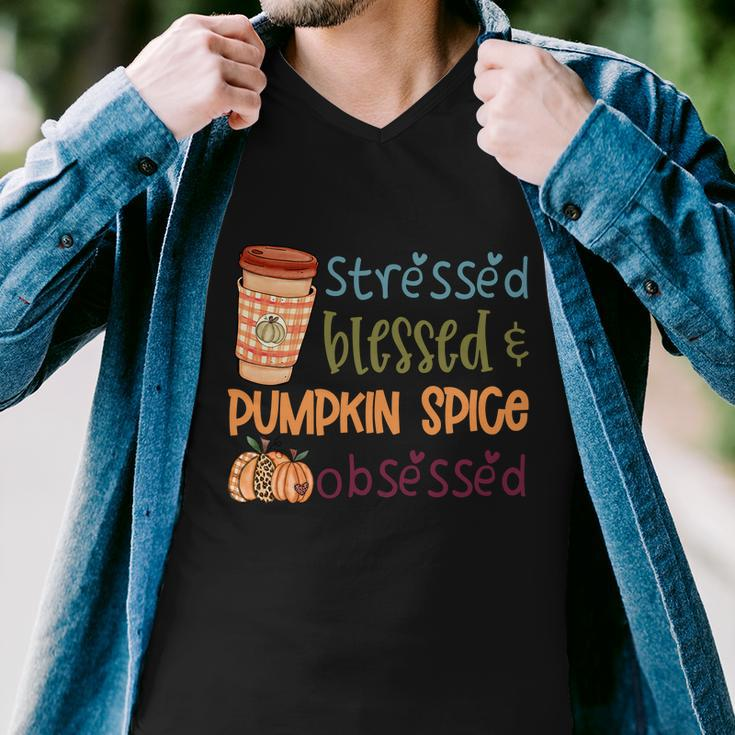 Stressed Blessed Pumpkin Spice Obsessed Thanksgiving Quote Men V-Neck Tshirt