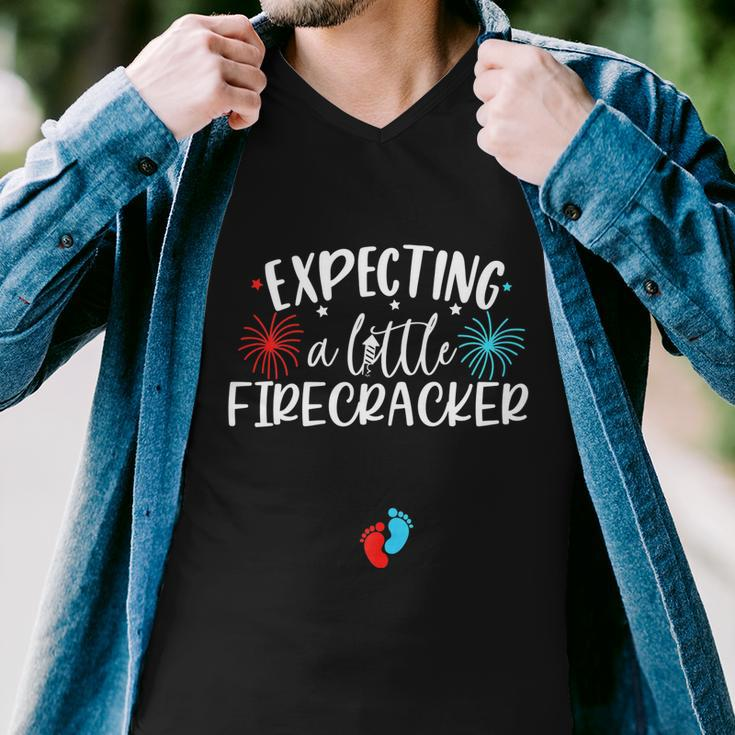 Womens Expecting A Little Firecracker Funny 4Th Of July Pregnant Men V-Neck Tshirt