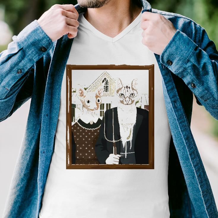 Funny American Gothic Cat Parody Ameowican Gothic Graphic Men V-Neck Tshirt