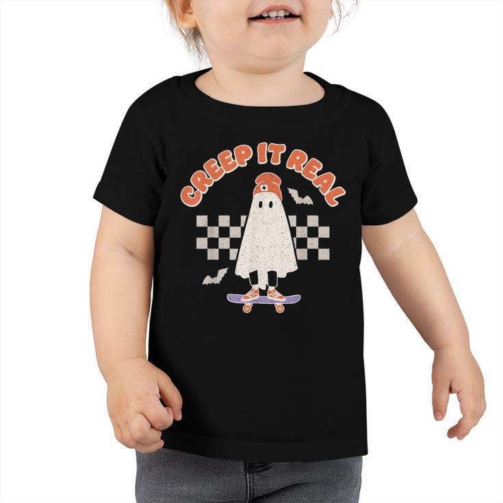Creep It Real Ghost Skateboard Halloween Bat Checkered Sk8r  Toddler Tshirt
