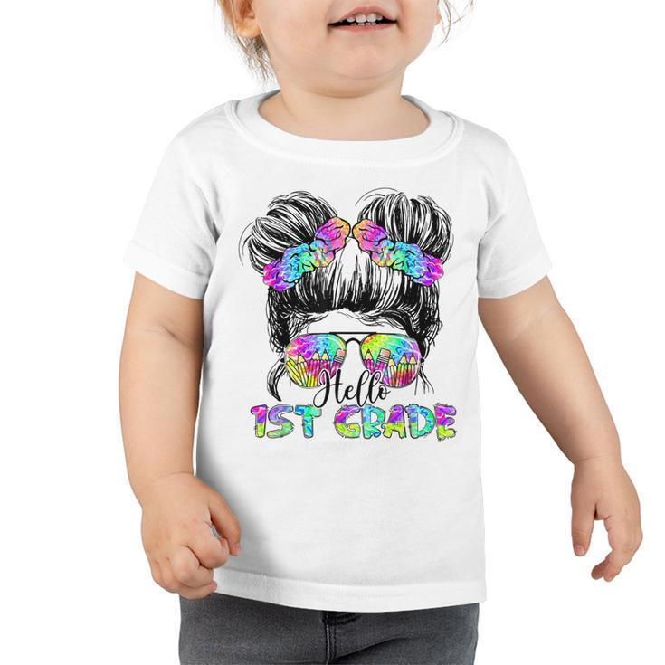 Messy Bun Hair Tie Dye Rainbow Kids Girls Hello First Grade  Toddler Tshirt
