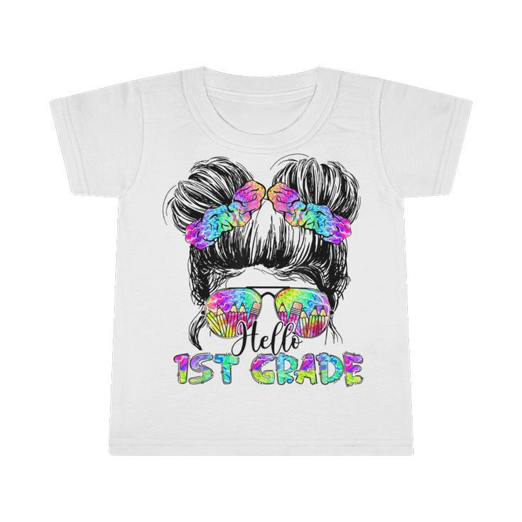 Messy Bun Hair Tie Dye Rainbow Kids Girls Hello First Grade  Infant Tshirt