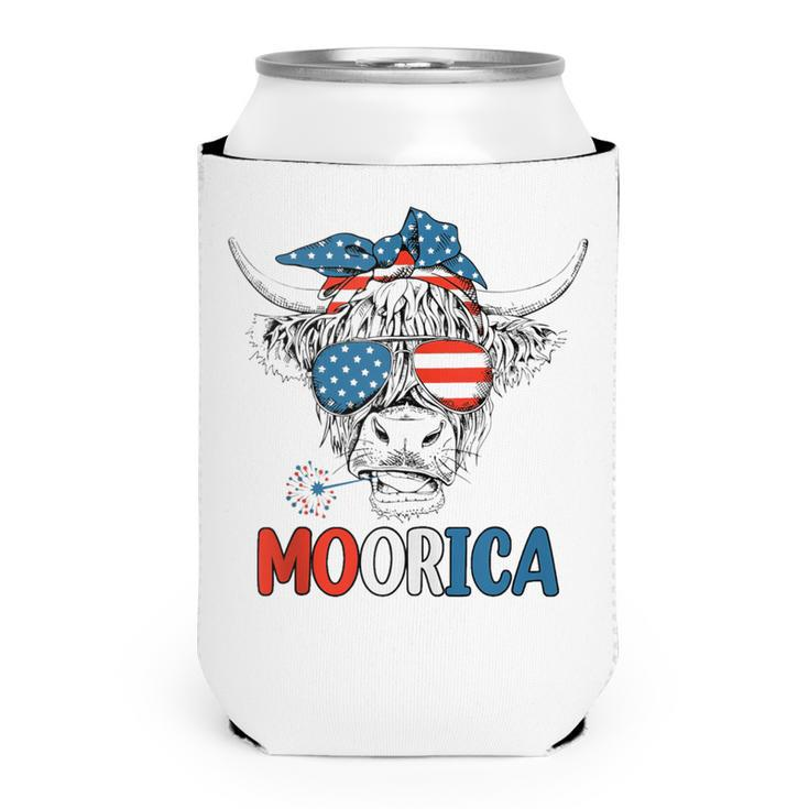 Funny Moorica 4Th Of July American Flag Highland Cow  Can Cooler