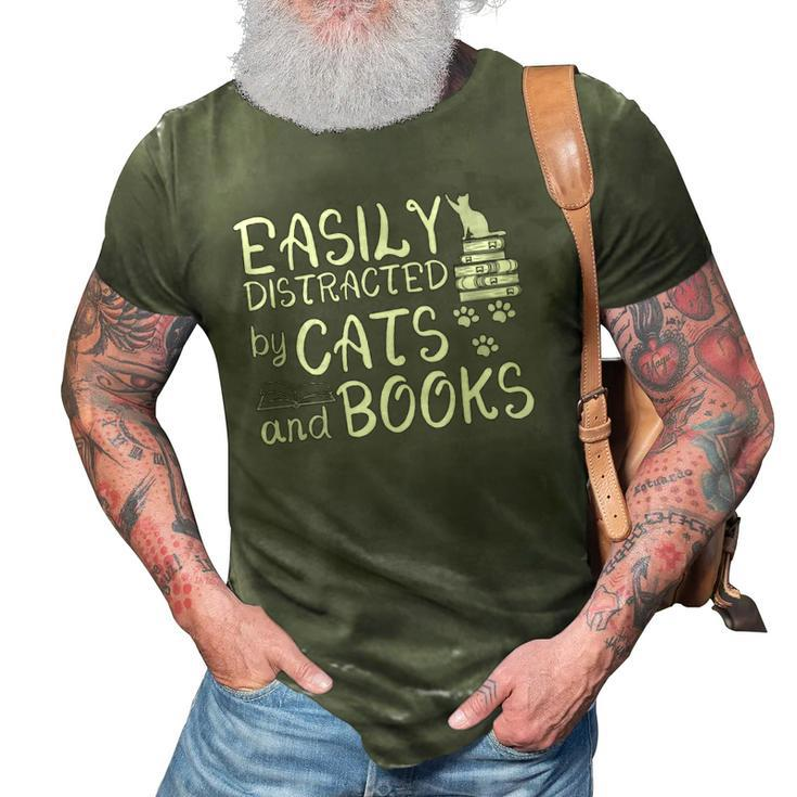 Easily Distracted By Cats And Books  Funny Book Lover 3D Print Casual Tshirt