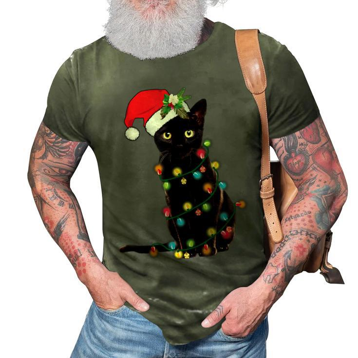 Santa Black Cat Tangled Up In Christmas Tree Lights Holiday  3D Print Casual Tshirt
