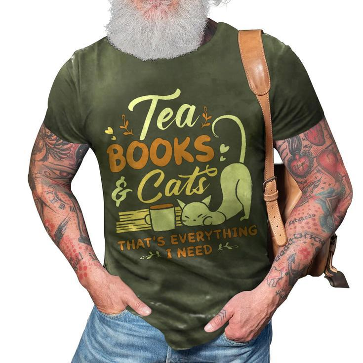 Womens Tea Books And Cats Cat Book Lovers Reading Book  3D Print Casual Tshirt