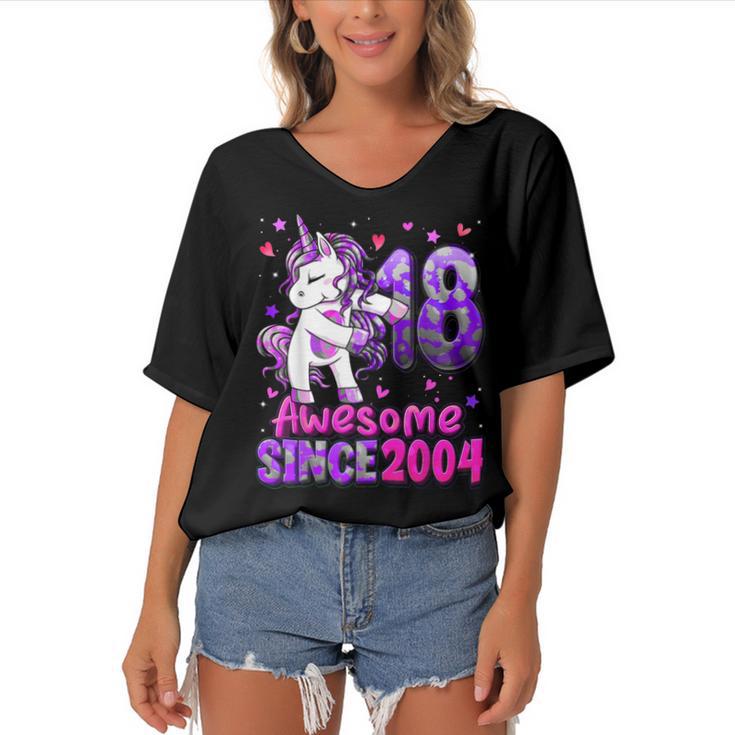 18 Years Old Unicorn Flossing 18Th Birthday Girl Unicorn  Women's Bat Sleeves V-Neck Blouse