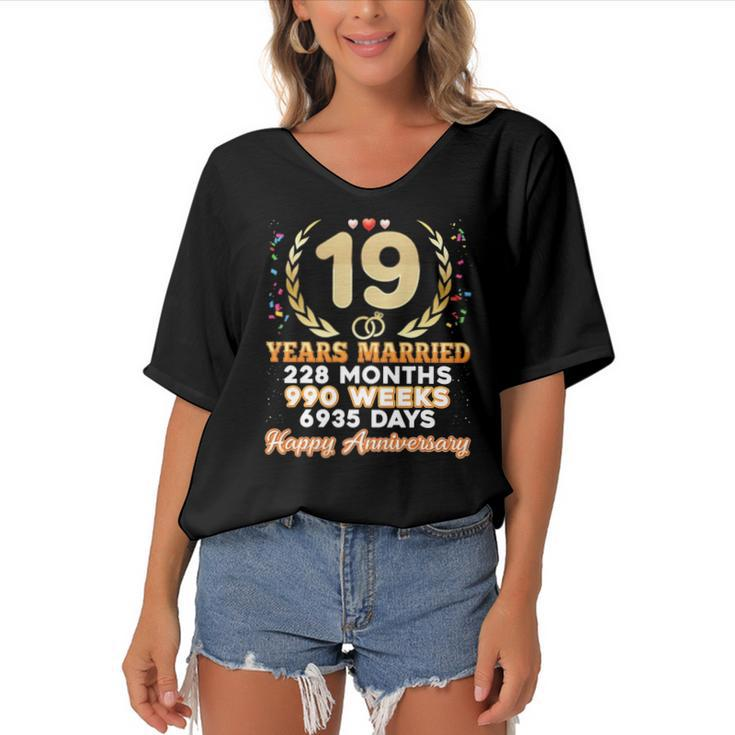 19 Years Married Happy 19Th Wedding Anniversary Couple Ring Women's Bat Sleeves V-Neck Blouse