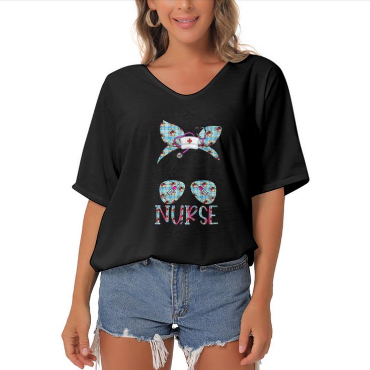 Nurse Life Leopard Messy Bun Hair Healthcare Flower Glasses  Women's Bat Sleeves V-Neck Blouse