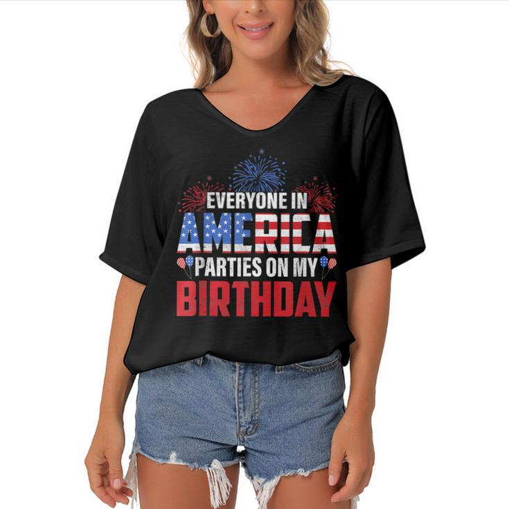 4Th Of July Birthday  Funny Bday Born On 4Th Of July  Women's Bat Sleeves V-Neck Blouse