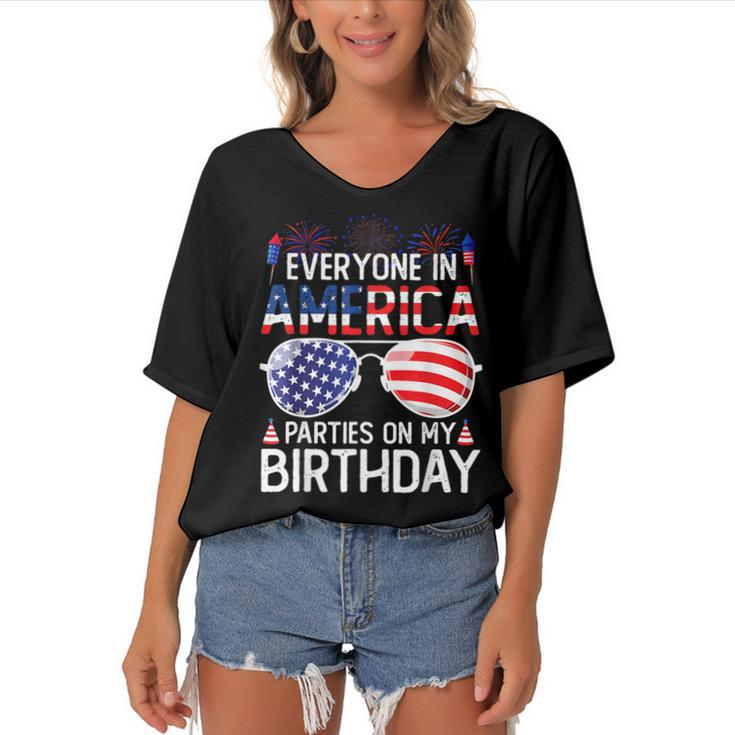 4Th Of July Birthday Gifts Funny Bday Born On 4Th Of July  Women's Bat Sleeves V-Neck Blouse