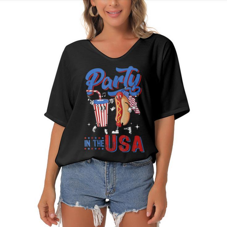 4Th Of July Food Party In The Usa Funny Hot Dog Lover  Women's Bat Sleeves V-Neck Blouse