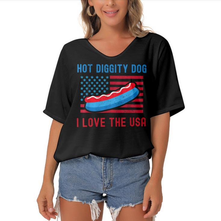 4Th Of July Hot Diggity Dog I Love The Usa Funny Hot Dog  Women's Bat Sleeves V-Neck Blouse