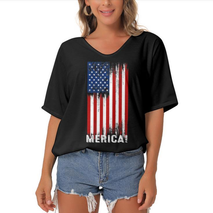 4Th Of July Independence Day Us American Flag Patriotic  Women's Bat Sleeves V-Neck Blouse