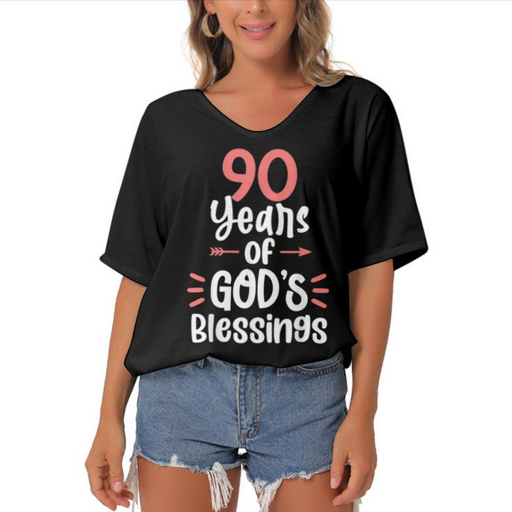 90 Years Of Gods Blessings 90 Year Old Happy 90Th Birthday  Women's Bat Sleeves V-Neck Blouse