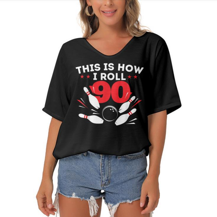 90Th Birthday Bowling Lover 90 Years Old Bday  Women's Bat Sleeves V-Neck Blouse