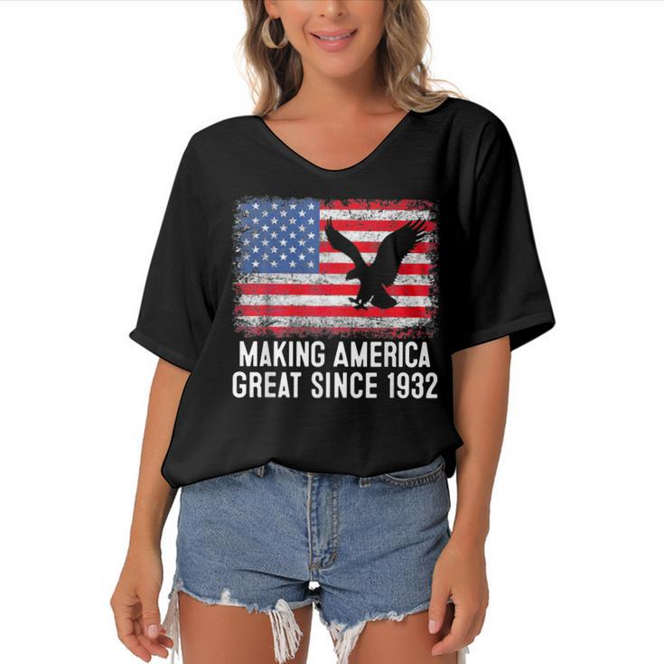90Th BirthdayMaking America Great Since 1932  Women's Bat Sleeves V-Neck Blouse