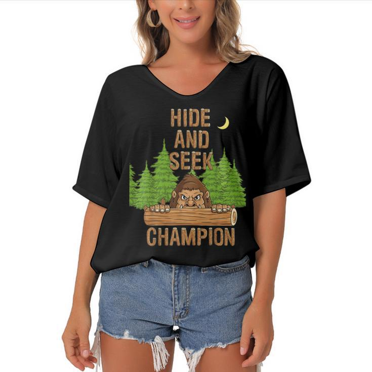 Bigfoot Hide And Seek Champion Funny Sasquatch Forest  V2 Women's Bat Sleeves V-Neck Blouse