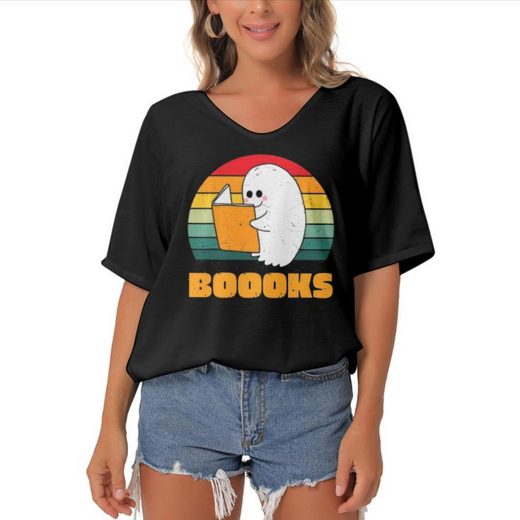 Boooks Ghost Funny Librarian Book Lovers Halloween Costume Women's Bat Sleeves V-Neck Blouse
