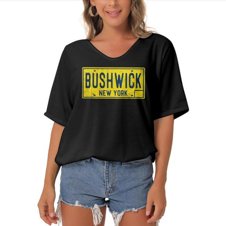 Bushwick Brooklyn New York Old Retro Vintage License Plate Women's Bat Sleeves V-Neck Blouse