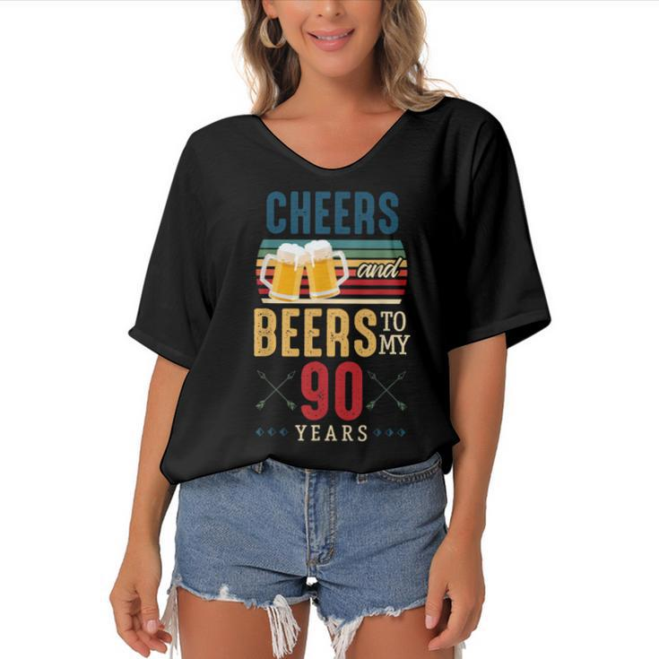 Cheers And Beers To My 90 Years 90Th Birthday  Women's Bat Sleeves V-Neck Blouse