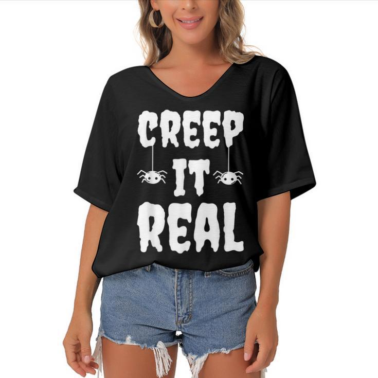 Creep It Real Funny Halloween Spider Gift  Women's Bat Sleeves V-Neck Blouse