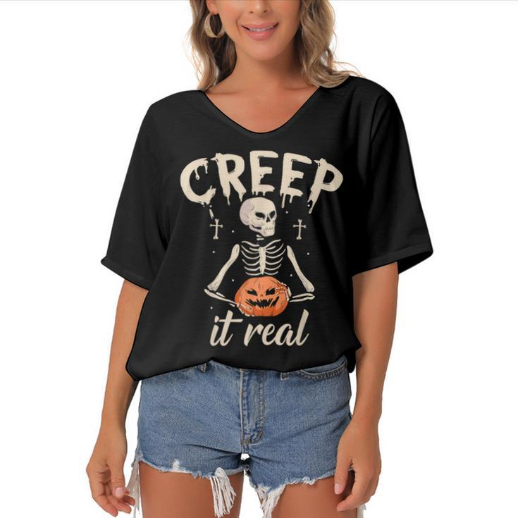 Creep It Real Halloween Funny Skeleton Lover Undead Monster  Women's Bat Sleeves V-Neck Blouse